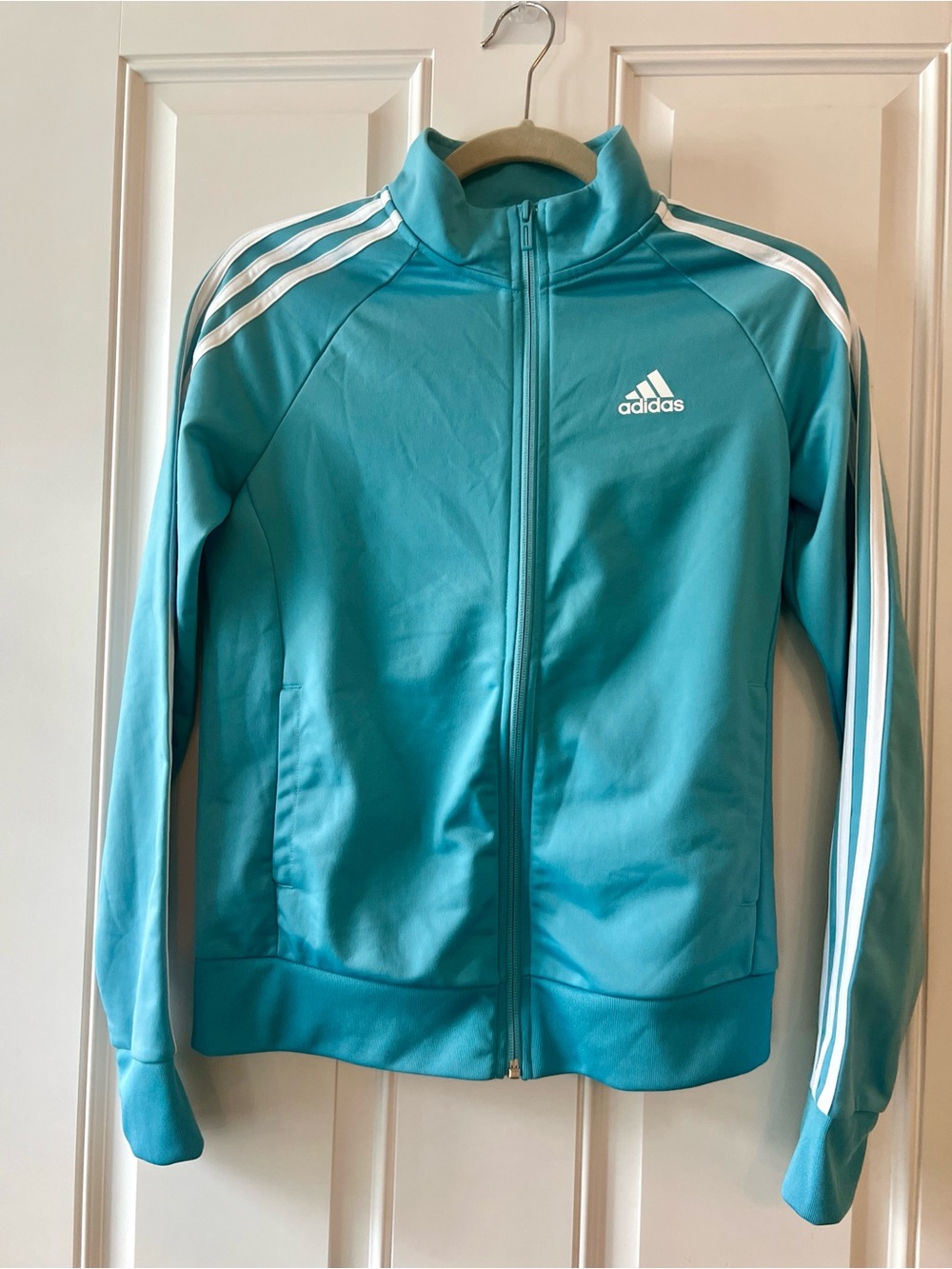 Adidas Women’s Turquoise Track Jacket with White Stripes Small